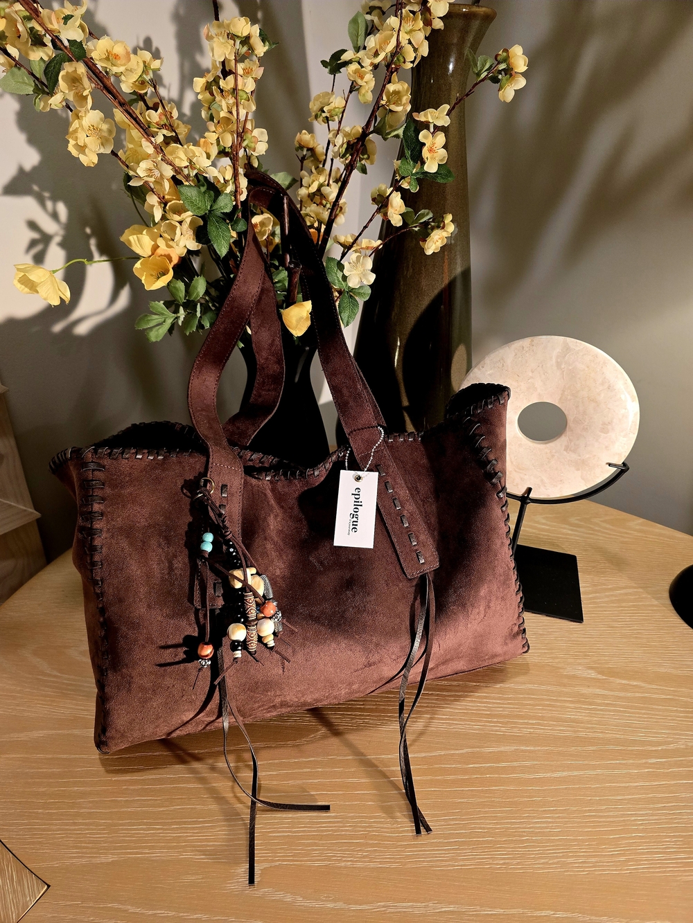 Suede Beaded Tassel Tote Bag in Dark Brown